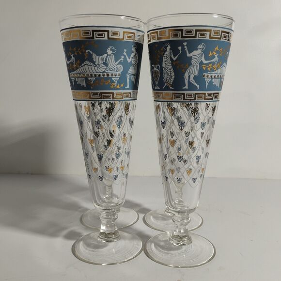 s-l400.jpg Vintage Greek Scene Etruscan Frieze Glasses by Cera Blue & Gold & White Set of 4